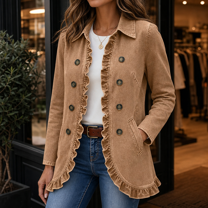 Damen Jeansjacke Mit Rüschen Und Knopfleiste
