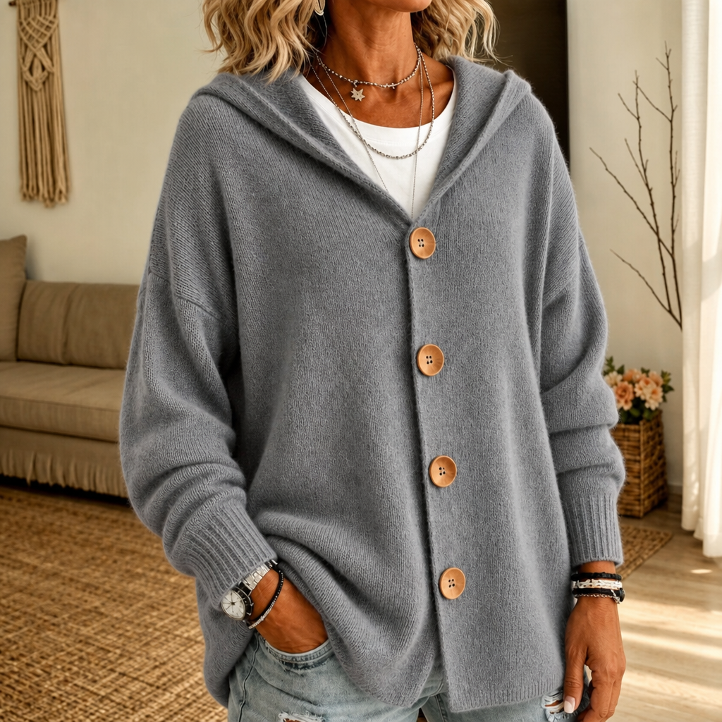 Damen Waffelstrick Cardigan Mit Kapuze Und Knopfleiste