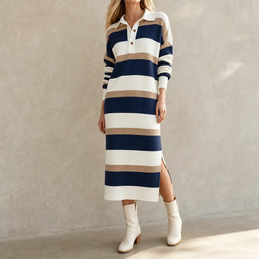 Strickkleid mit Polokragen und Streifen