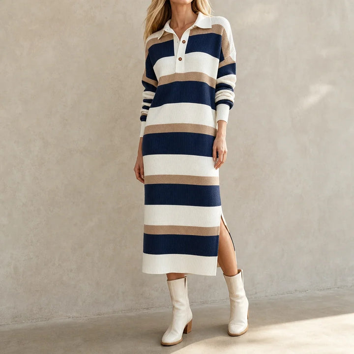 Strickkleid mit Polokragen und Streifen