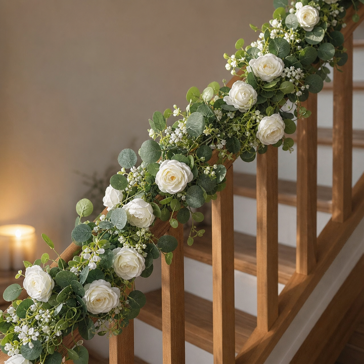 Dekorative Girlande Weiße Rosen Mit Eukalyptus