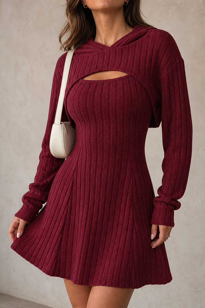 Damen Set Bolero Mit Kapuze Und Rippstrick Minikleid