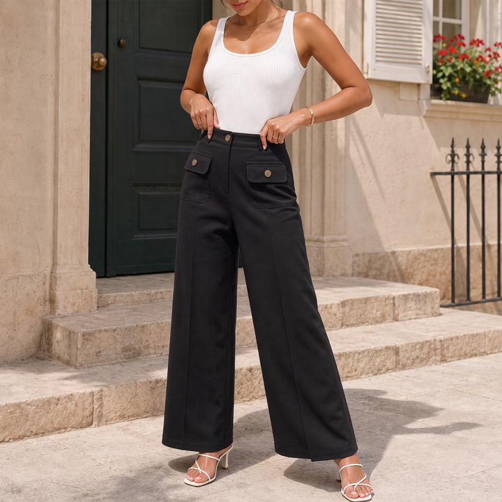 Damen Hose Hohe Taille Weites Bein Mit Knöpfen