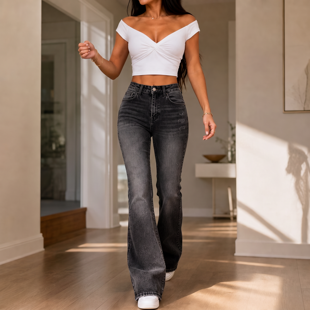 Damen Schlagjeans Hohe Taille Whisker Waschung