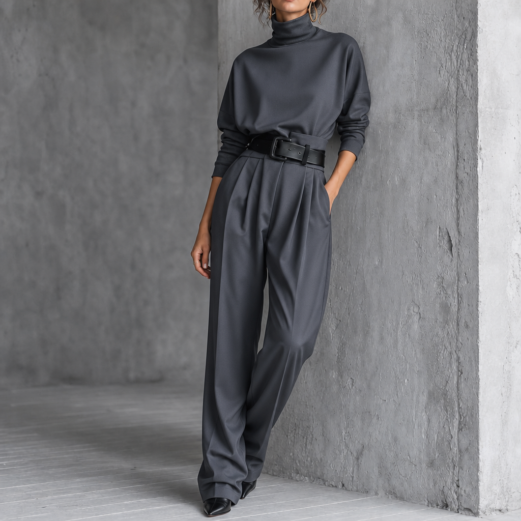 Damen Set Rollkragen Top Mit Hose Und Gürtel