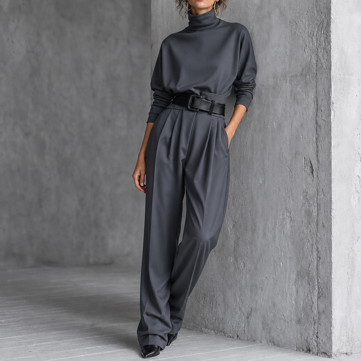 Damen Set Rollkragen Top Mit Hose Und Gürtel