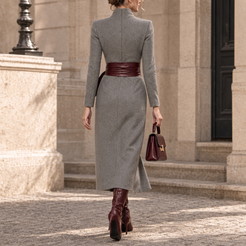 Damen Wickelkleid Struktur-Strick Midi