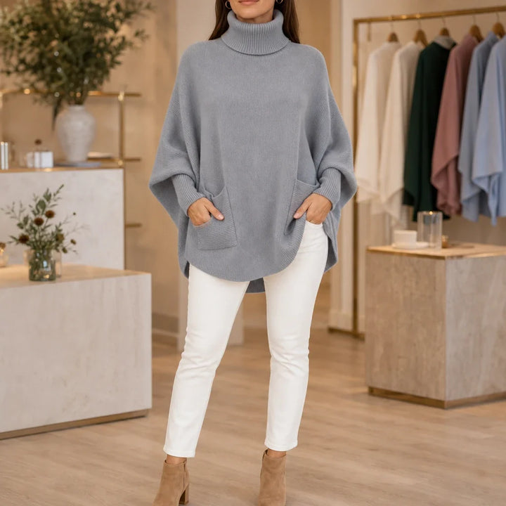 Oversized Poncho-Pullover mit Rollkragen und Taschen