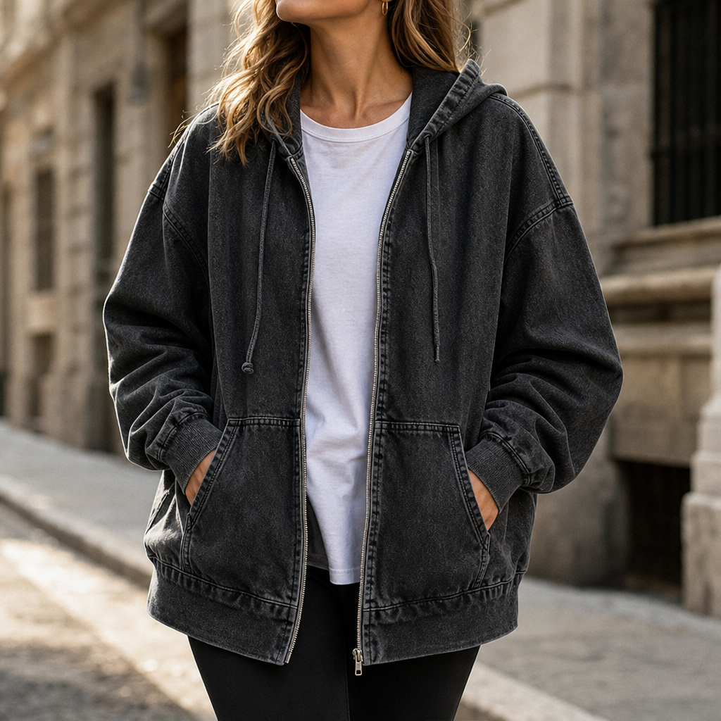 Damen Jeansjacke mit Kapuze und Reißverschluss, Oversized