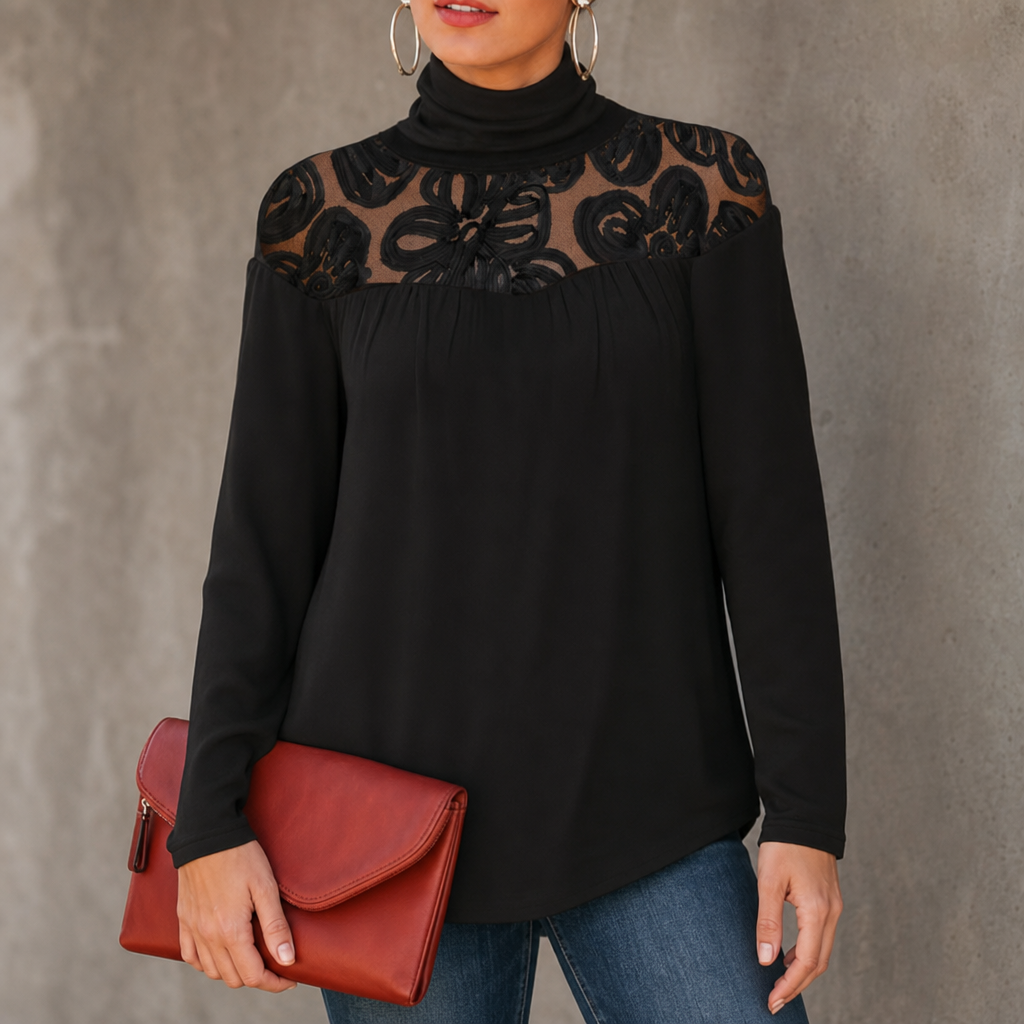 Damen Bluse Mit Spitzeneinsatz Und Stehkragen