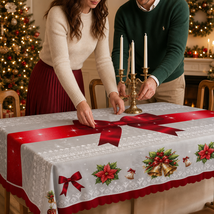 Holly Hearth | Weihnachts-Tischdecke mit Rote-Schleifen-Druck