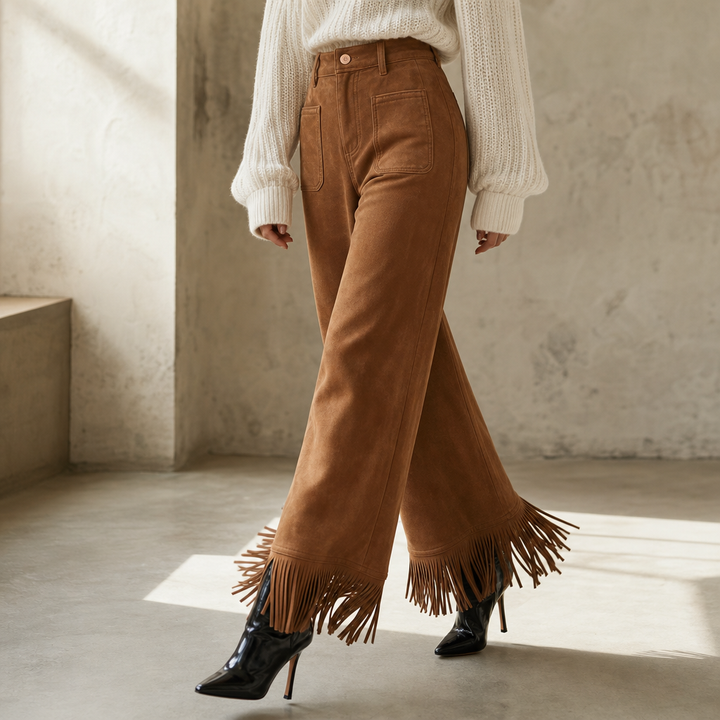 Damen Weite Hose Wildleder Look Mit Fransen