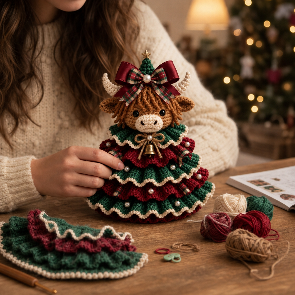 Weihnachtsornamente Set Gehäkelte Highland Kuh