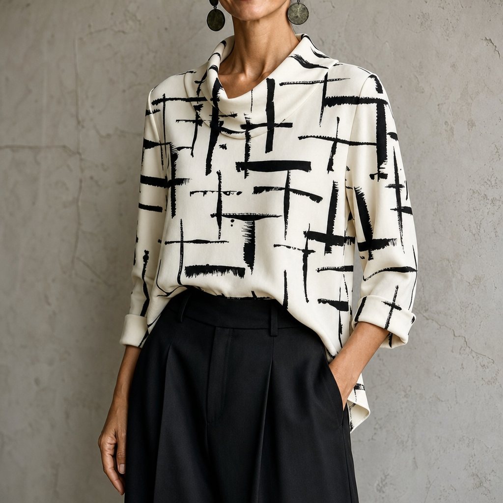 Cowlina | Damen 3/4-Arm Bluse mit Rollkragen und Kreuzmuster
