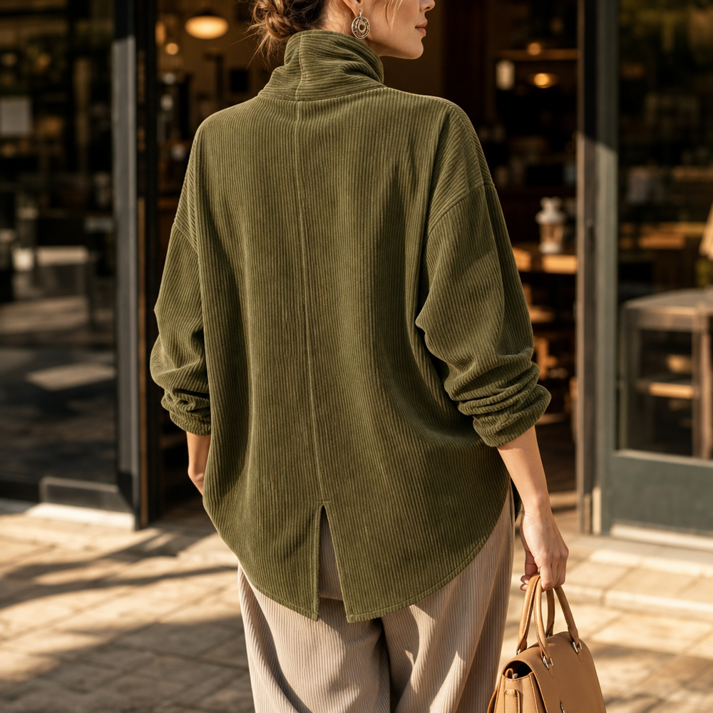 Damen Cord Oberteil Asymmetrische Knopfleiste Mit Stehkragen