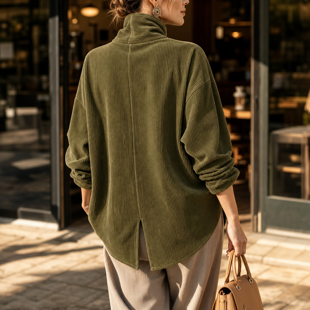 Damen Cord Oberteil Asymmetrische Knopfleiste Mit Stehkragen