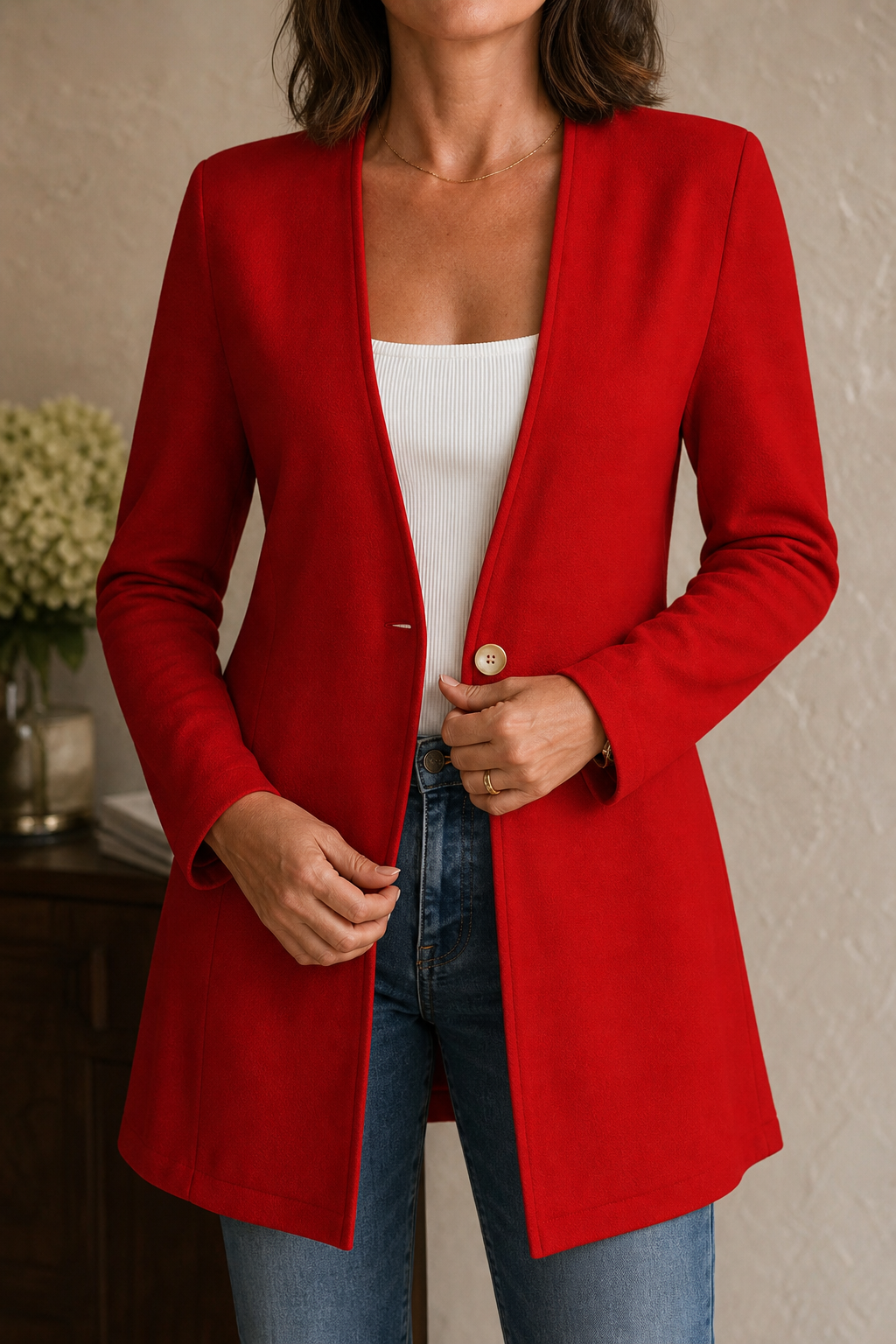Damen Blazer V-Ausschnitt A-Linie Mit Einem Knopf