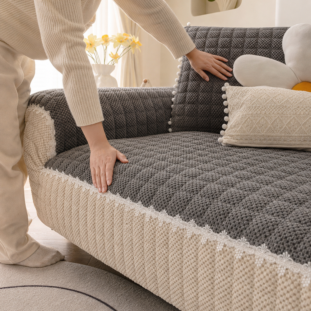 Cordelle | Cord-Sofahusse im Colorblock-Design mit Spitzensaum