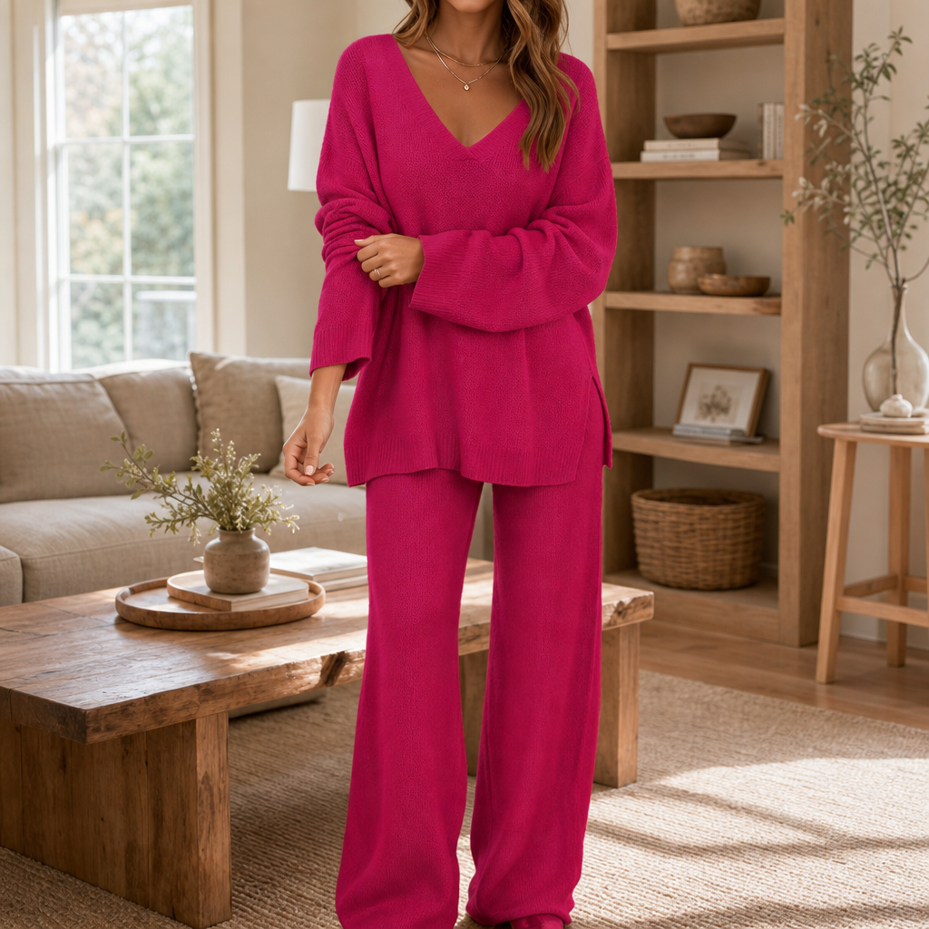 Damen Set V-Ausschnitt Pullover Und Weite Hose