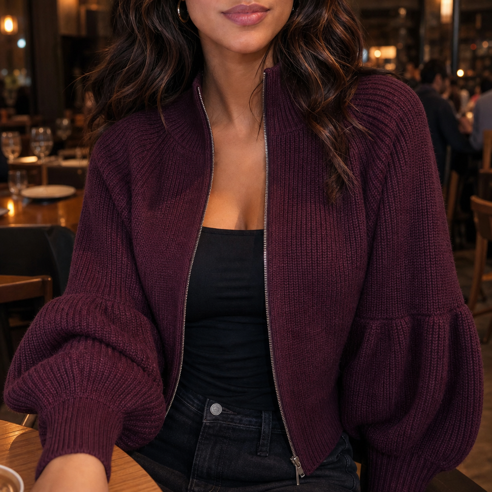 Damen Strickjacke Mit Reißverschluss Und Laternenärmeln