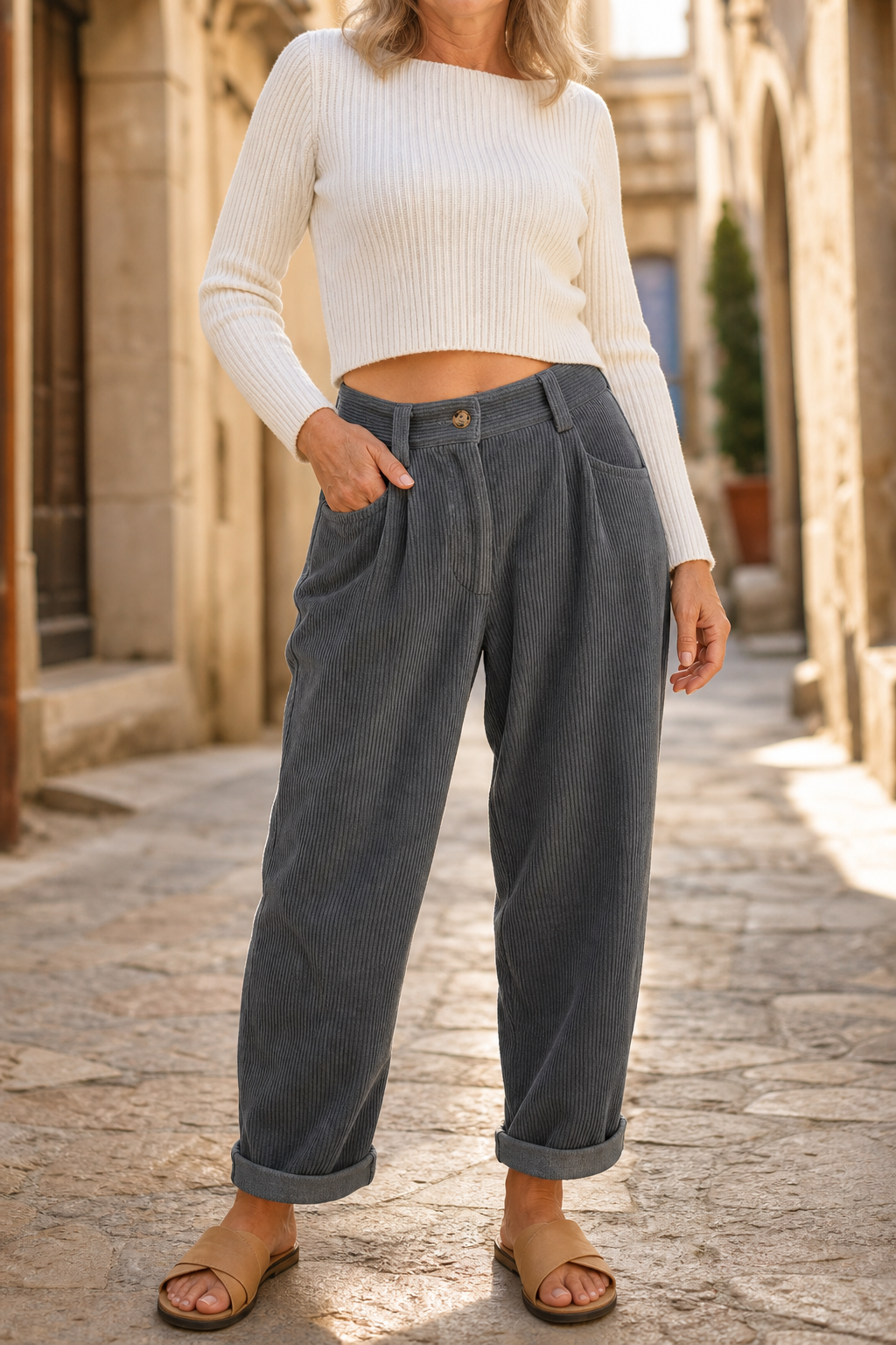 Damen Faltenhose Hohe Taille Weites Bein