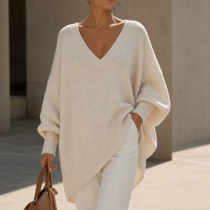 Damen Oversized Pullover V-Ausschnitt Puffärmel
