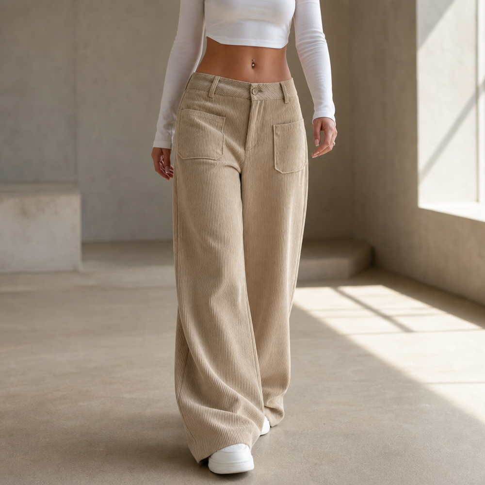 Damen Cordhose Hohe Taille Weites Bein Stretch