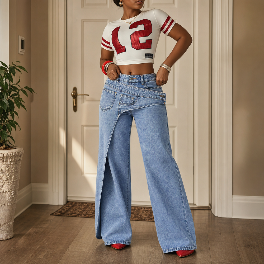 Damen Weite Jeans Mit Asymmetrischem Taillenbund