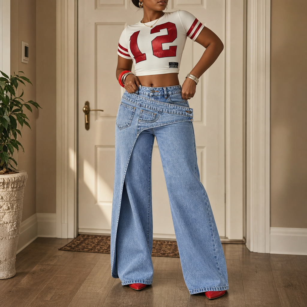 Damen Weite Jeans Mit Asymmetrischem Taillenbund