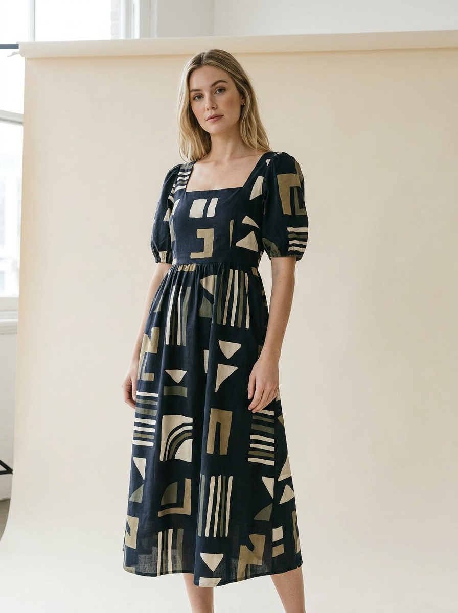 Geometrisches Mehrfarben-Print Kleid mit eckigem Ausschnitt für Damen – Elegantes Sommer-Outfit - hero