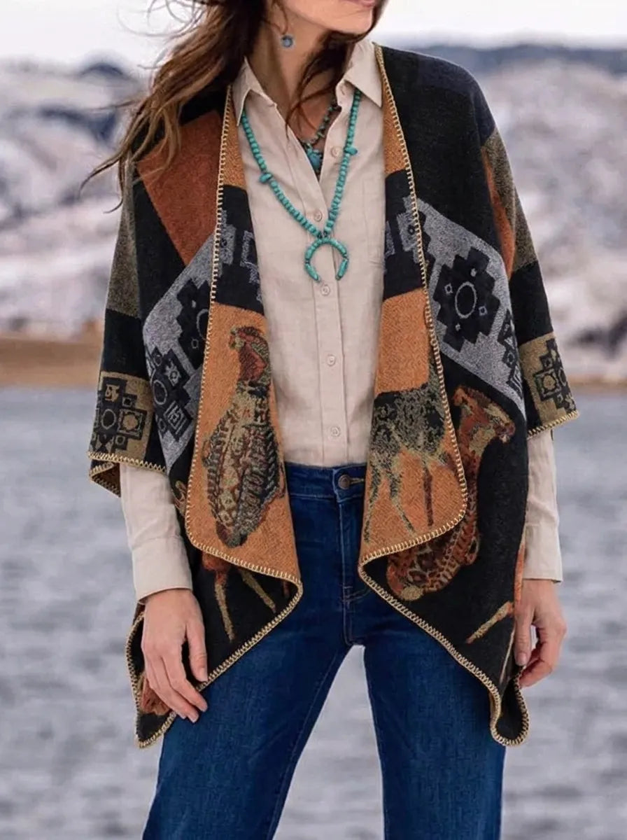 Damen Wickelcardigan mit geometrischem Muster, Fransen und Schalkragen