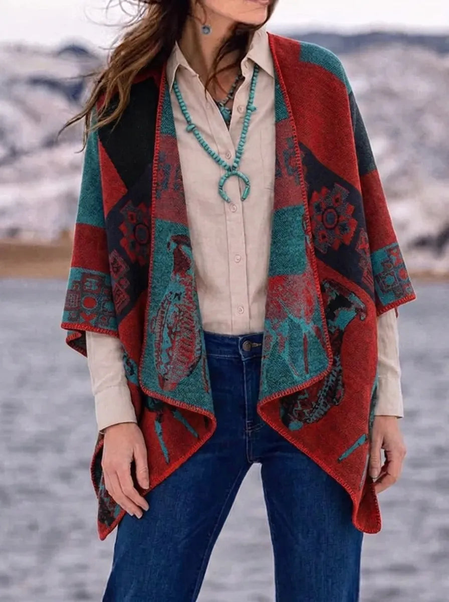 Damen Wickelcardigan mit geometrischem Muster, Fransen und Schalkragen