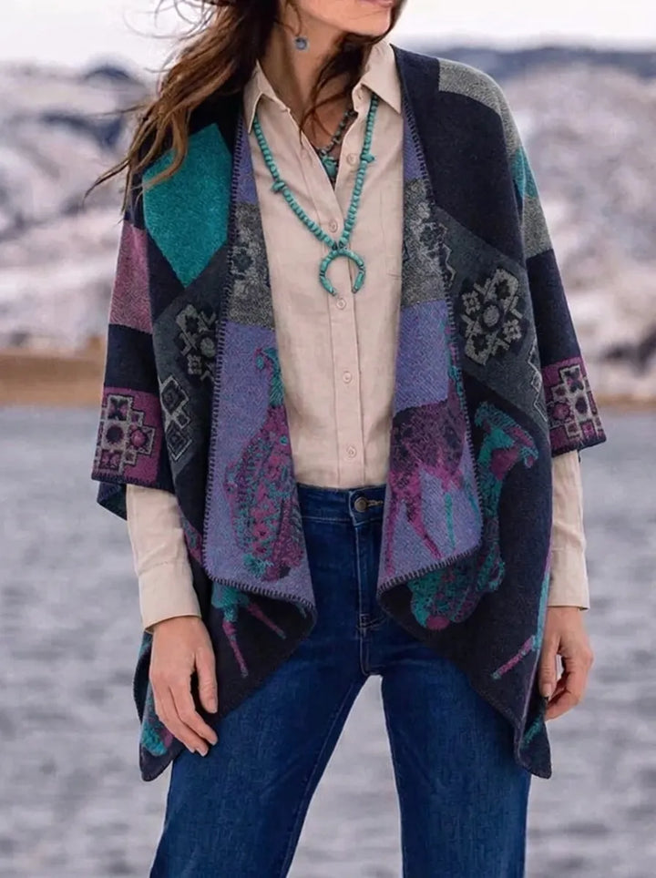 Damen Wickelcardigan mit geometrischem Muster, Fransen und Schalkragen