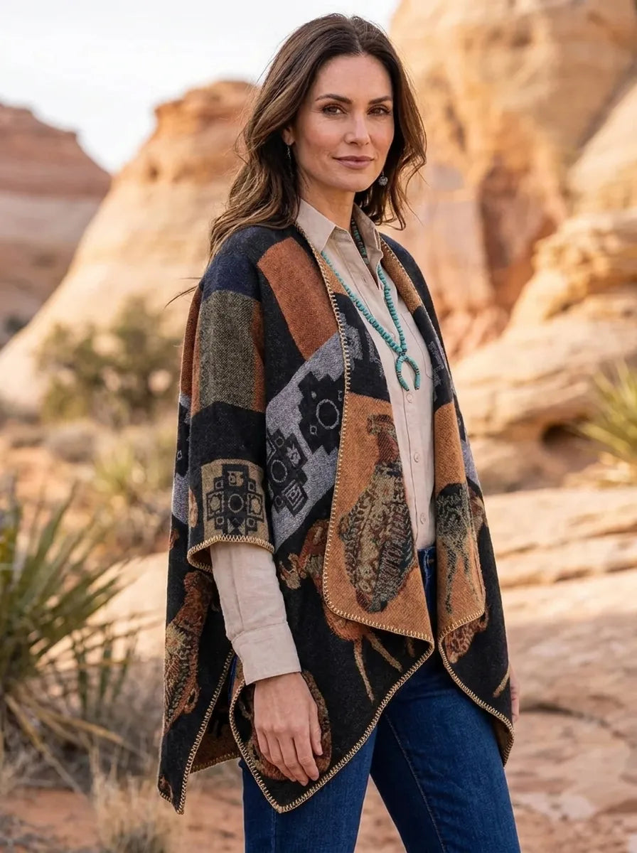 Damen Wickelcardigan mit geometrischem Muster, Fransen und Schalkragen