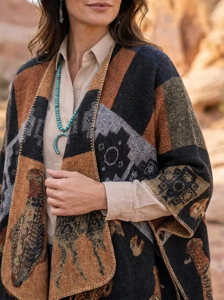 Damen Wickelcardigan mit geometrischem Muster, Fransen und Schalkragen
