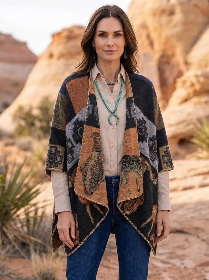 Damen Wickelcardigan mit geometrischem Muster, Fransen und Schalkragen