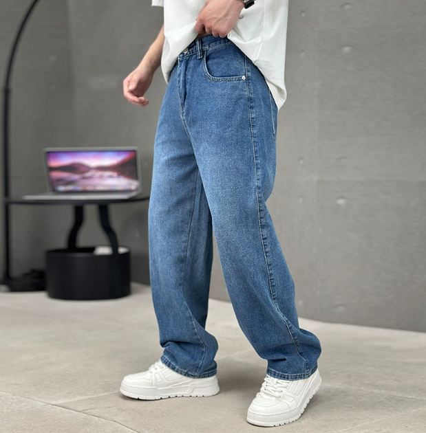 Men's Straight Cut Blue Jeans - Classic Casual Denim Pants