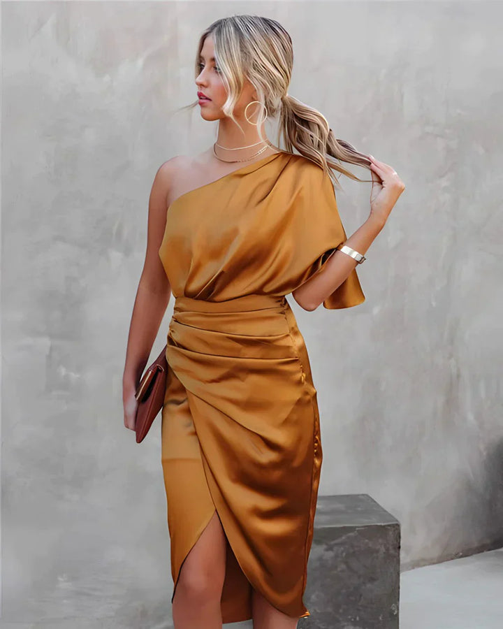 Women's satin dress one-shoulder with slit