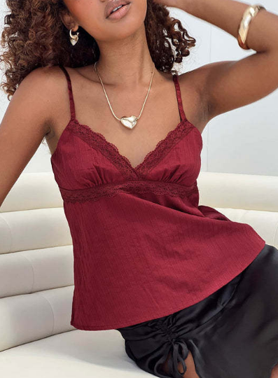 Top de mujer – Tirantes finos – Tela plisada – Escote de encaje – Corte aireado