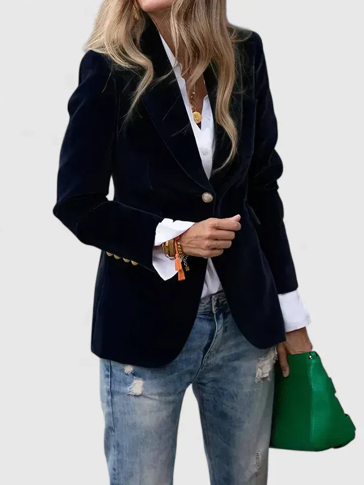 Women's Blazer with Notched Collar and Button in Black Velvet – Elegant Tailored Jacket