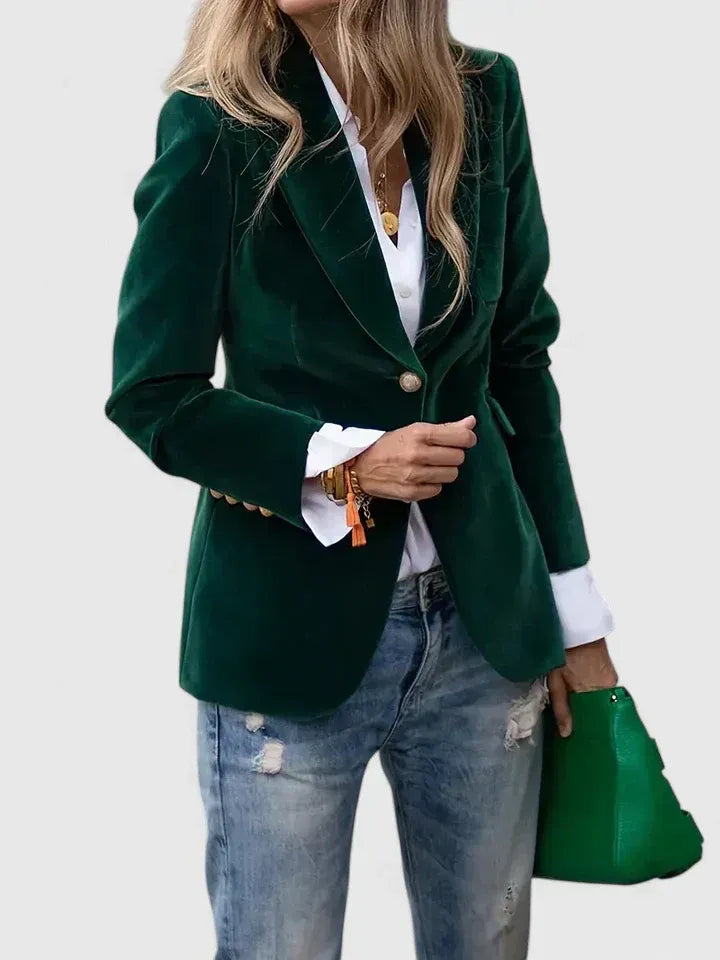 Women's Blazer with Notched Collar and Button in Black Velvet – Elegant Tailored Jacket
