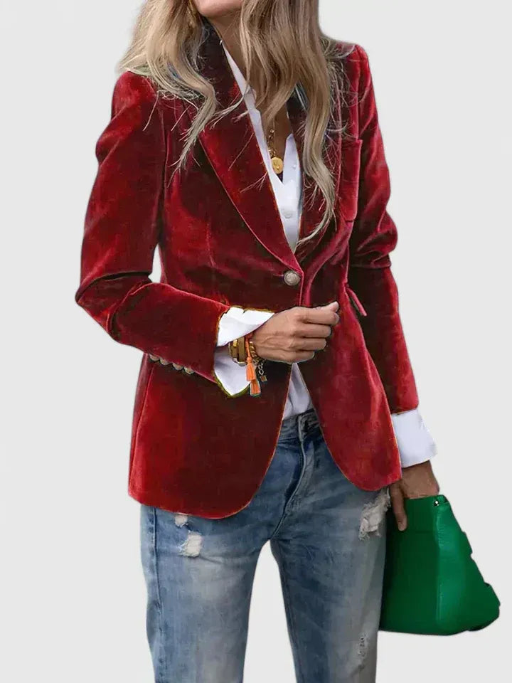 Women's Blazer with Notched Collar and Button in Black Velvet – Elegant Tailored Jacket