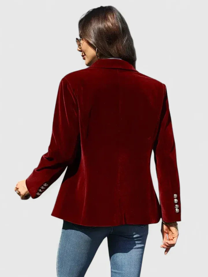 Women's Blazer with Notched Collar and Button in Black Velvet – Elegant Tailored Jacket