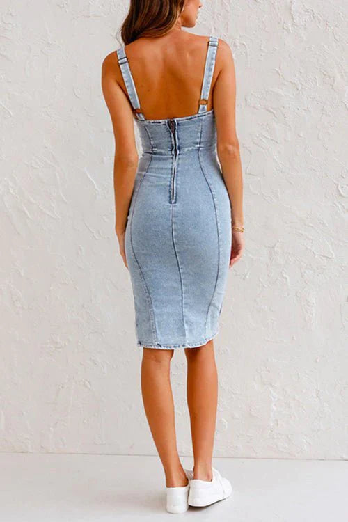 Robe midi en denim pour femmes – Design à découpes – Style chic