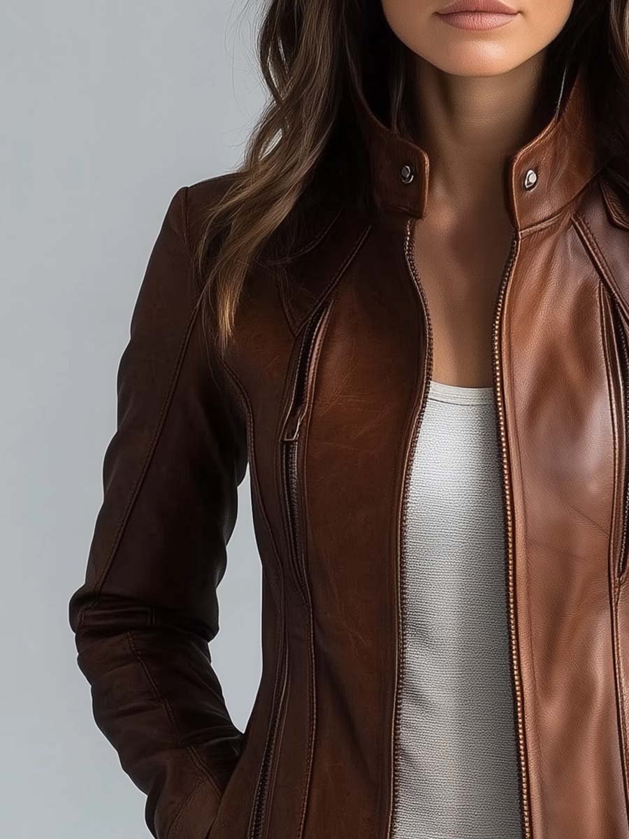 Chaqueta vintage de cuero sintético para mujer con cuello alto, largo hasta la cadera – estilo biker