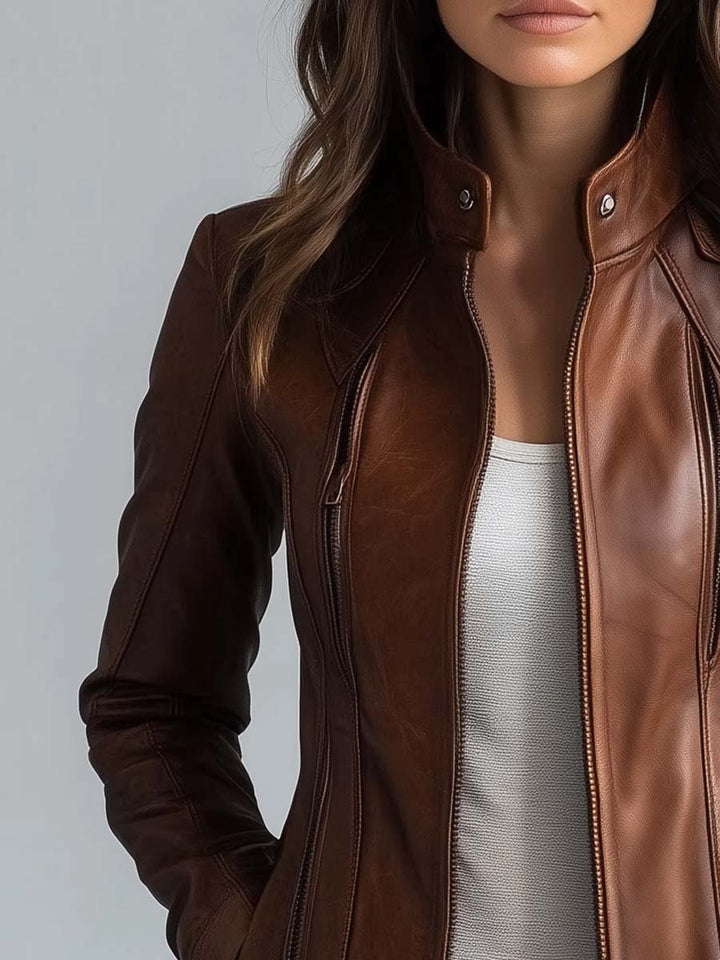 Chaqueta vintage de cuero sintético para mujer con cuello alto, largo hasta la cadera – estilo biker