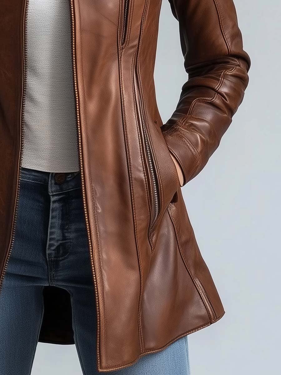 Chaqueta vintage de cuero sintético para mujer con cuello alto, largo hasta la cadera – estilo biker