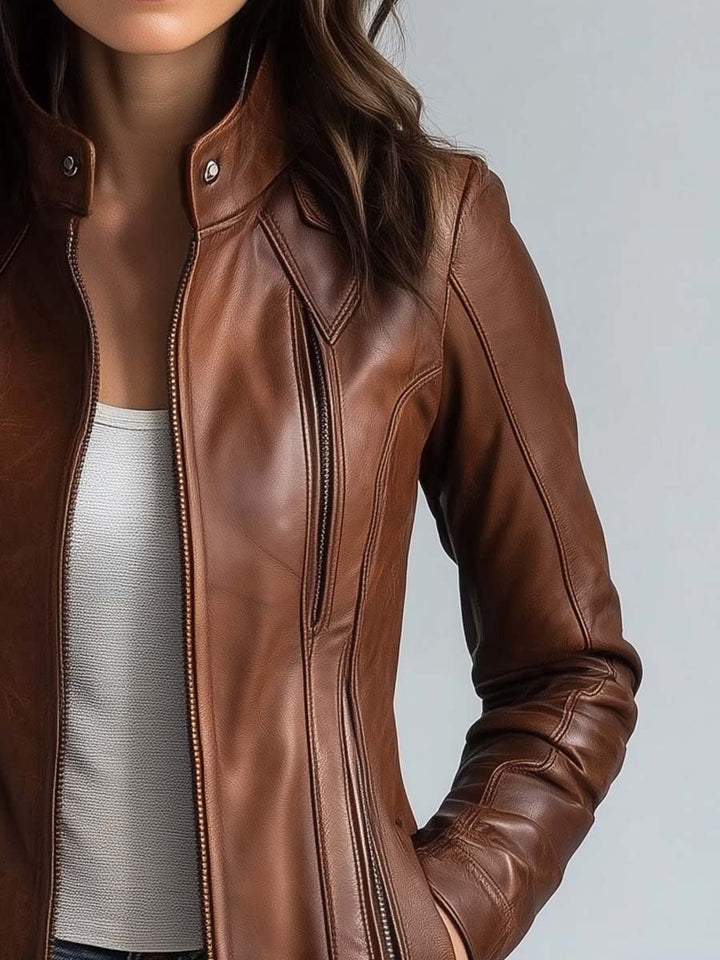Chaqueta vintage de cuero sintético para mujer con cuello alto, largo hasta la cadera – estilo biker