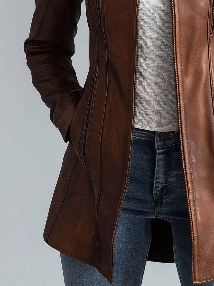 Chaqueta vintage de cuero sintético para mujer con cuello alto, largo hasta la cadera – estilo biker