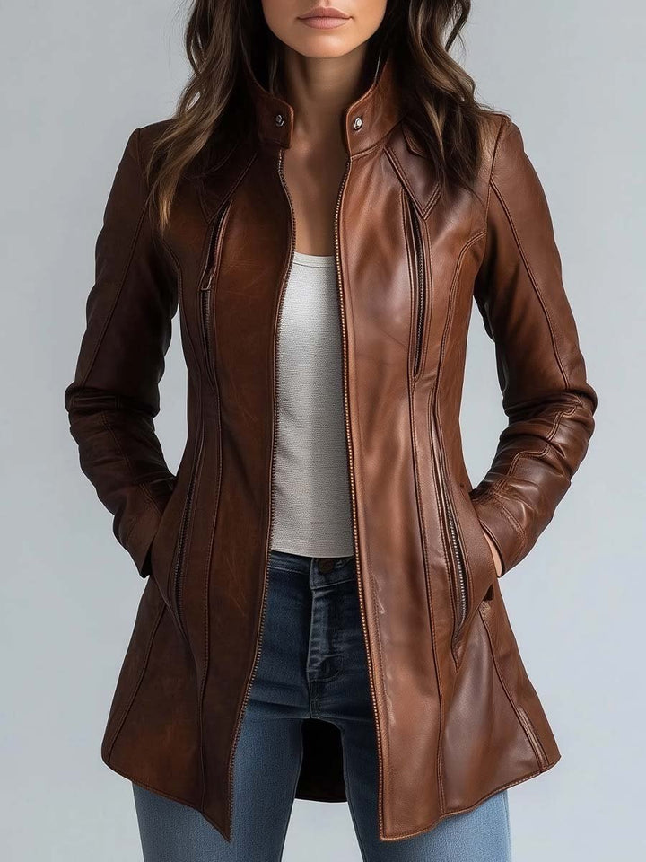 Chaqueta vintage de cuero sintético para mujer con cuello alto, largo hasta la cadera – estilo biker